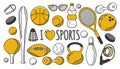 Vector illustration - sporting goods, sports items - balls, rackets, dumbbells, jump ropes, bats Royalty Free Stock Photo